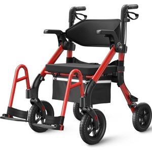VOCIC Z55 2-in-1 Rollator & Transport Chair with No-Bend Footrest, 10" All-Terrain Wheels. 300lb Capacity. Red - 1 of 4