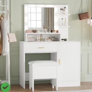 Vanity Desk, Makeup Vanity Desk w/Mirror & 9 LED Light Bulbs Large Drawers &Three Level Storage & Tiers of Open Shelves - 1 of 4