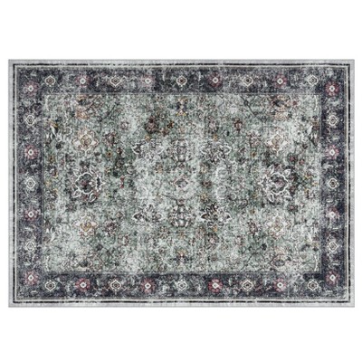 Area Rug Washable Rug Vintage Traditional Distressed Indoor Foldable Thin Retro Accent Non Slip Carpet Mat Gray Green