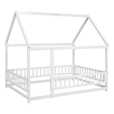 Dexmalle Full Size Floor Wooden Bed with House Roof Frame