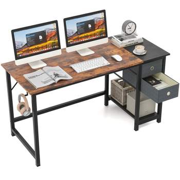 Costway 55-Inch Home Office Desk Modern Computer Workstation with 2 Drawers Hanging Hook & Storage Shelf for Study Bedroom Rustic Brown and Black