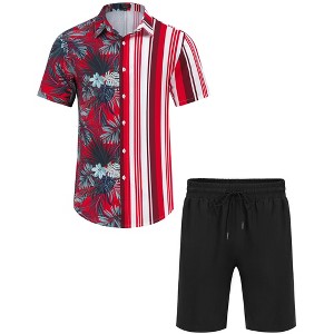 Clearlove Men's Hawaiian Sets Floral Printed Short Sleeve Button Down Shirts Drawstring
 Shorts Casual Outfits - 1 of 4