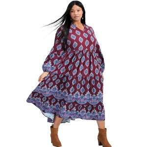 Avenue Women's Plus Size Everlasting Bordered Print Blouson Sleeve Dress - 1 of 3
