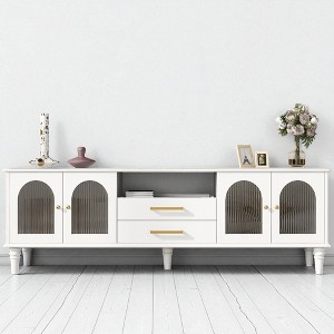 68.9'' Retro TV Stand for TVs up to 75 Inches, Media Console with Fluted Glass Doors and Solid Wood Legs for Living Room - 1 of 4