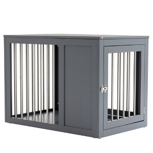 PawHut Dog Crate Furniture Wire Pet Cage Wooden Dog Kennel, End Table with Double Doors, and Locks, for Medium and Large Dog House Indoor Use, gray - 1 of 4