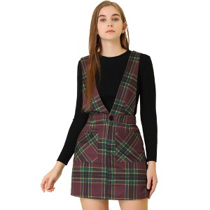 Allegra K Women's Plaid Preppy Knit Crossover V Neck Pinafore Mini Dress - 1 of 4