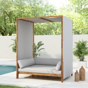 Scott Living Dara Outdoor Acacia Wood Daybed with Canopy and Curtains, Washable Cushions and Detachable Pillows - 1 of 4