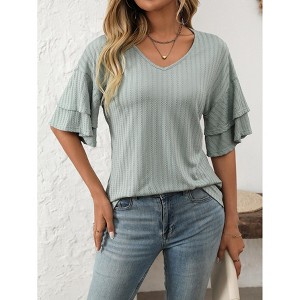 Women's Solid Color Casual Double Flutter Sleeve T-Shirt - Soft Relaxed Fit Tee with Design Detail Sleeves for Everyday Wear - 1 of 4