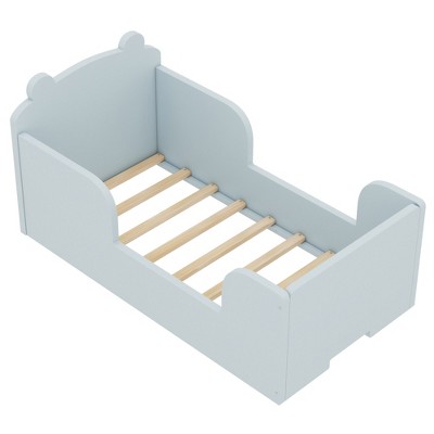 Infurnic Beds, Toddler Floor Bed with Raised Safety Guardrails, Door and Wood Slats, Bear Pattern Fence for Kids, Blue, 54.4"*30"*19.7"