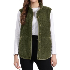 Allegra K Women's Fleece Contrast Color Button Down Sleeveless Fuzzy Jacket Vest with Pockets - 1 of 4