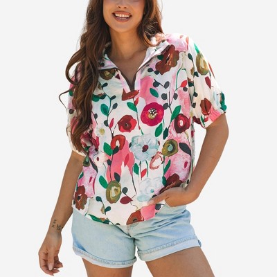 Amaryllis Women’s Watercolor Floral Print Short Sleeve Collared Blouse Relaxed Fit with Elastic Cuffs Lightweight Everyday Top