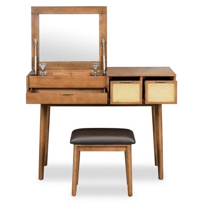 43.3" Classic Wood Makeup Vanity Set with Flip-top Mirror and Stool, Dressing Table with Three Drawers and storage space