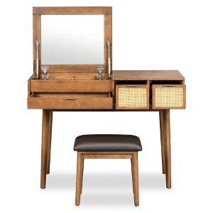 43.3" Classic Wood Makeup Vanity Set with Flip-top Mirror and Stool, Dressing Table with Three Drawers and storage space - 1 of 4