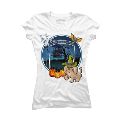 Junior's Design By Humans Puppy Dog Witch Hat Halloween Ghost By Fractals T-Shirt