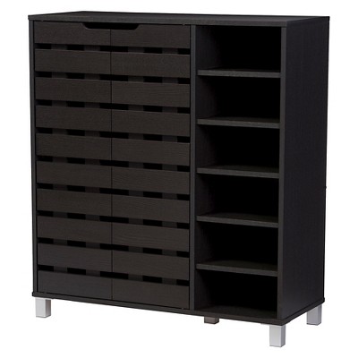 Shirley Dark Brown Wood and Metal 2-Door Shoe Cabinet with Open Shelves