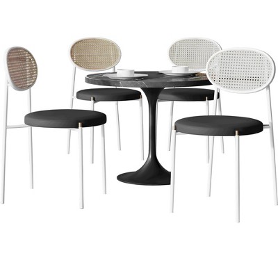 LeisureMod 5-PC Dining Set - 36" Round Dining Table Sintered Stone Top & Black Pedestal, 4 Velvet Dining Chairs in White Steel Legs