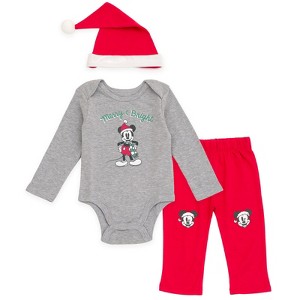 Disney Christmas Baby Bodysuit, Pants and Velour Santa Hat 3 Piece Outfit Set Newborn to Infant - 1 of 4