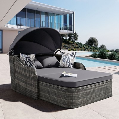 Whisen Outdoor Sunbed with Adjustable Canopy, Double lounge, PE Rattan Daybed