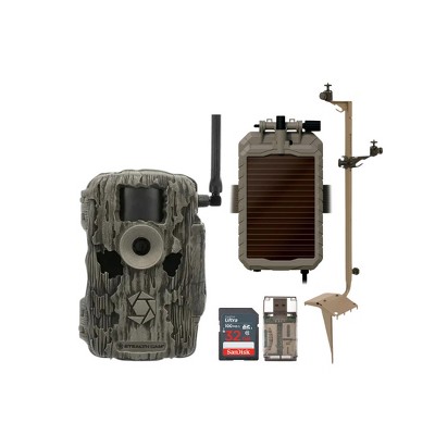 Stealth Cam 36MP Fusion Max Cellular Trail Camera with 80 Feet Detection Range with Solar Battery Pack Mounting Post 32GB Memory Cards and Card Reader