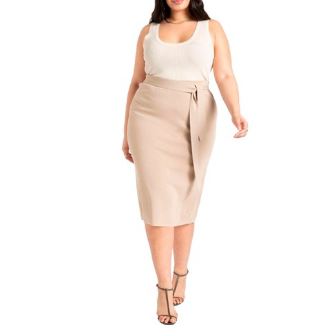 ELOQUII Women's Plus Size Tie Waist Midi Skirt - 14/16, Beige