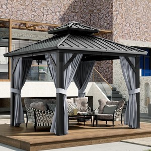 Galvanised Steel Hardtop Gazebo, Heavy Duty Double Roof Outdoor Gazebo with Netting and Sunshade Curtains - 1 of 4