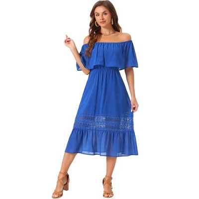 Allegra K Women's Off Shoulder Ruffle Lace Insert High Waist Short Sleeve Flowy Maxi Dress