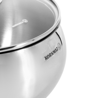 Korkmaz 2.5 Liter Polished Stainless Steel Casserole with Glass Lid
