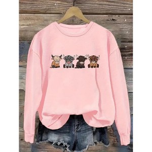 Coolmee Women Cow Sweatshirt Cute Animal Graphic Pullover Country Western Casual Long Sleeve Crewneck Tops - 1 of 3