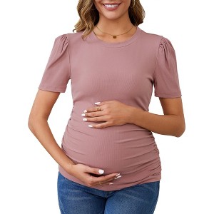 INSPIRE CHIC Women's Maternity Blouse Side Ruched Ribbed Knit Puff Short Sleeve Tunic Top Pregnancy Clothes Baby Office Work - 1 of 4