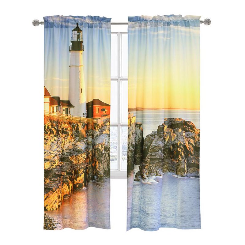 Habitat Photo Real Lighthouse and Ambient Surroundings Sunrise Light Filtering Pole Top Curtain Pair Each 38" x 84" Multicolor, 2 of 6