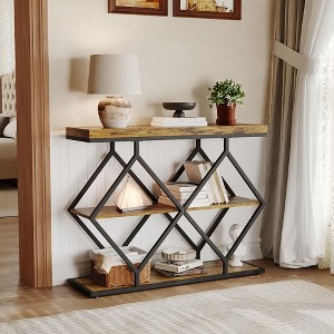 Industrial 3-Tier Accent Console Table with Storage and Open Shelves, Diamond-Shaped Metal Frame, Foyer Table Sofa Table for Entryway, Hallway - 1 of 4