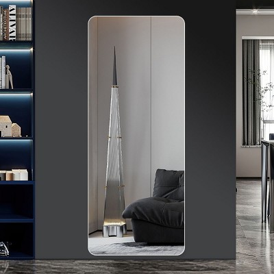 Hanging Silver Full Length Wall Mirror Hallway Mirror And Hooks,Thin Metal Frame Mirror,Rounded Edge Mirror,Bedroom Wall Mirror-The Pop Home