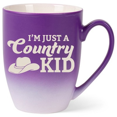 100 North Cowboy Hat 10 Ounce Purple and White Two Toned Ombre, Comfortably Fits Your Hands, Ceramic Tea Coffee Cup Mug, I'm Just A Country Kid
