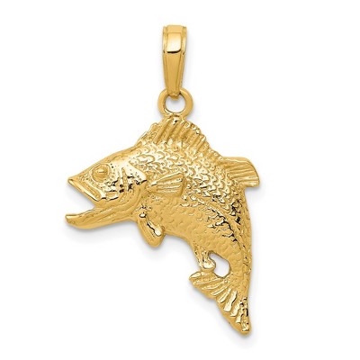 Black Bow Jewelry 14k Yellow Gold Textured Jumping Bass Fish Pendant