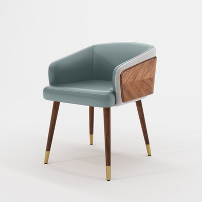 ARTPLAN Mid Century Modern Dining Chair, Faux Leather with Walnut,Uphoolsted Accent Arm Chair,Sitting Chair with Wooden Gold Metal feet