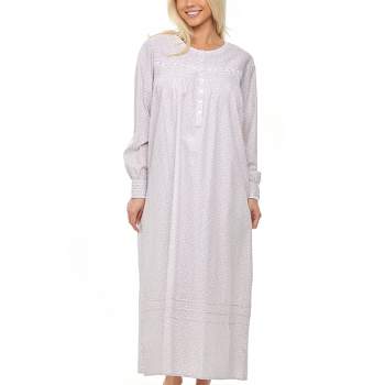 Women's Cotton Victorian Nightgown with Pockets, Emily Long Sleeve Lace Trimmed Button Up Long Vintage Night Dress Gown