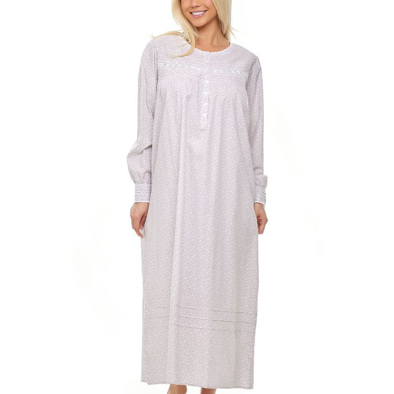 Women's Cotton Victorian Nightgown with Pockets, Emily Long Sleeve Lace Trimmed Button Up Long Vintage Night Dress Gown, 1 of 7