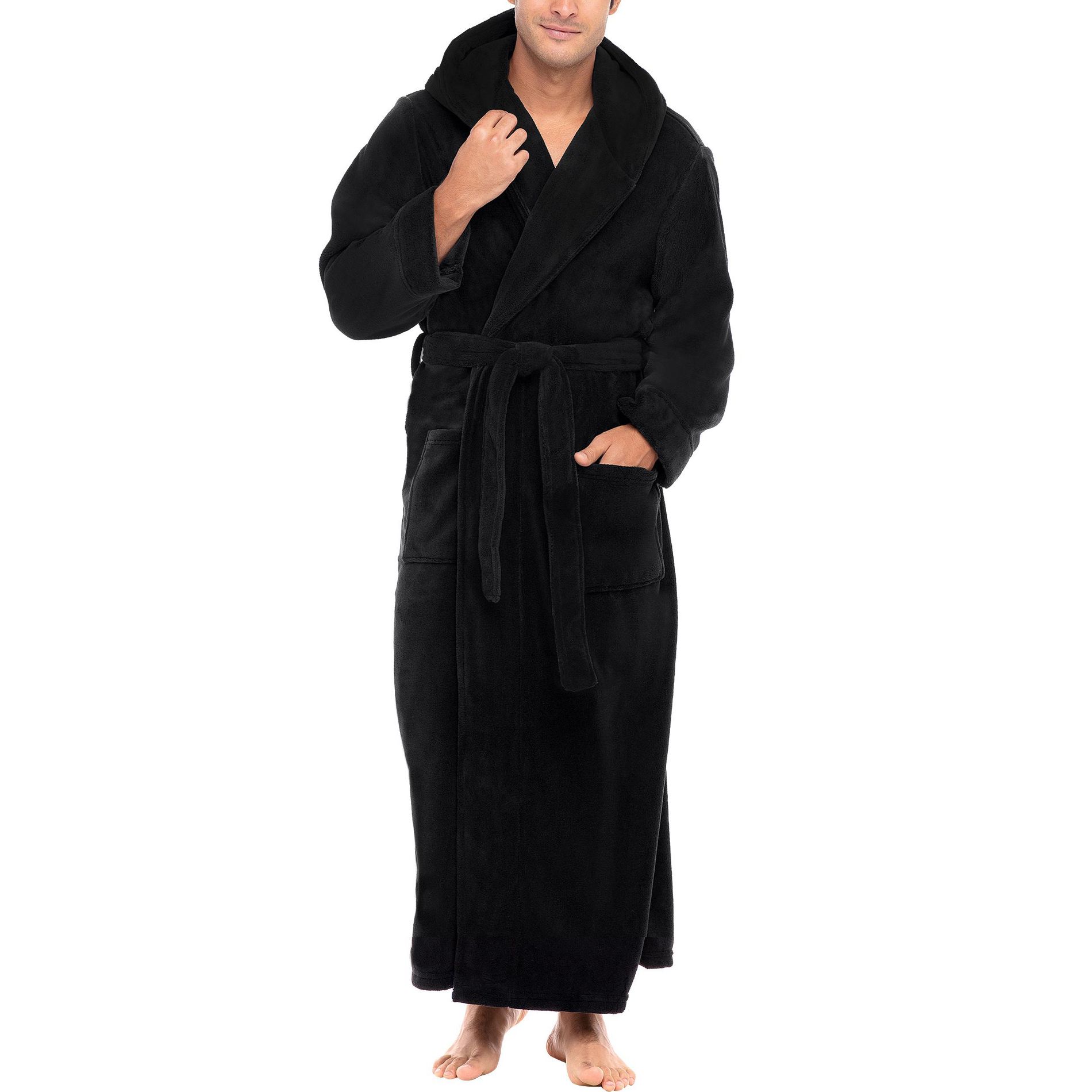 ADR Mens Robe, Plush Fleece Hooded Bathrobe Men, Men's Bathrobes, Big and Tall Bath Robe for Men Black Large Tall