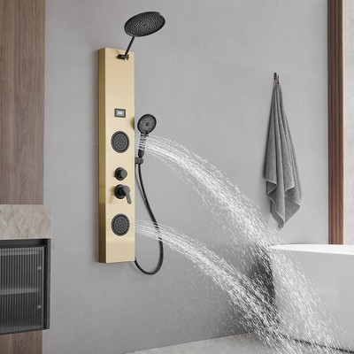 Gold and Black Stainless Steel Shower Panel System with Rainfall Shower Head