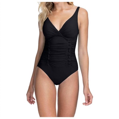 Women's Lace Up V-Neck Shirred One Piece Swimsuit - Profile By Gottex