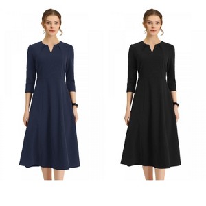 Allegra K Women's Elegant Split Neck Side Zipper Pockets 3/4 Sleeve Work A-Line Dress 2 Packs - 1 of 4