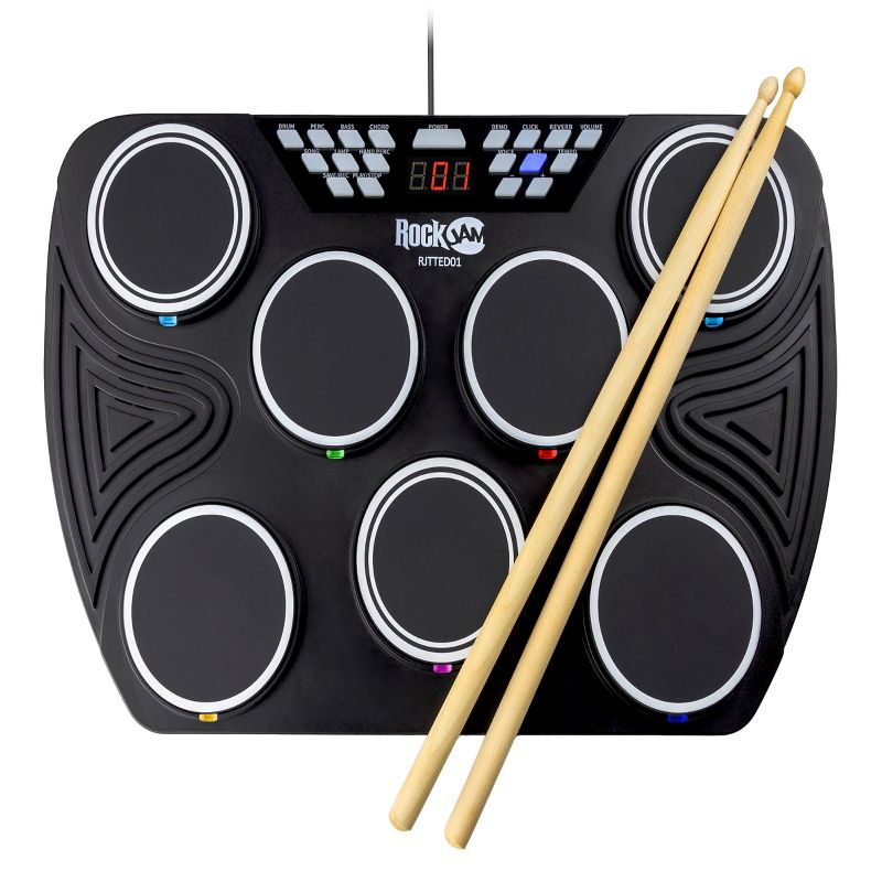 RockJam Rechargeable Bluetooth Midi 7 Pad Tabletop Digital Drums Kit with 2 Drum Pedals, Drumsticks & LED Display RJTTED01, 3 of 9
