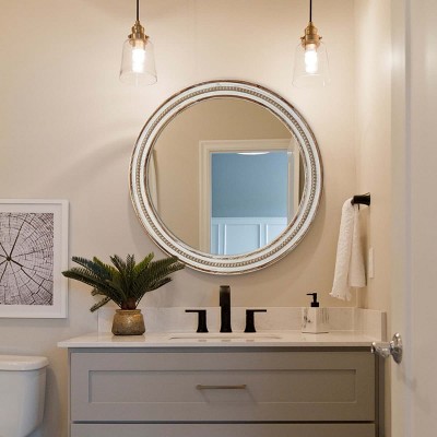 Washed Natural Wood Round Wall Mirror with Gold Beaded Trim, Elegant Decorative Accent for Entryway, Bedroom or Living Room-The Pop Home