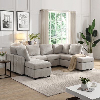 103"W Sectional Sofa Couch, U-shaped Sofa Bed with Two Movable Ottoman and Three USB Ports for Living Room -ModernLuxe