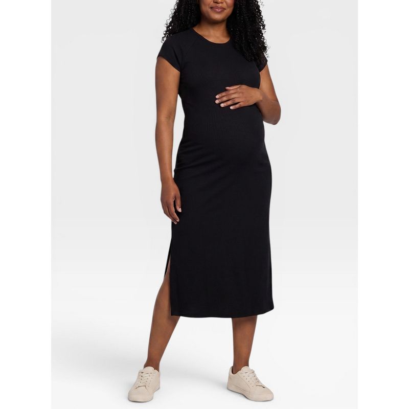 Women's Rib Knit Short Sleeve Raglan Midi Dress - Black - Size: X Small - Motherhood Maternity
