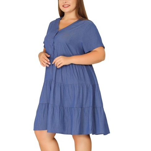 Agnes Orinda Women's Plus Size Tiered V Neck Short Sleeve Chambray T-Shirt  Dresses Dark Blue 3X