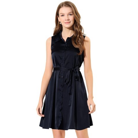 Женские платья INSPIRE CHIC Women's Sleeveless Solid Button Front Workwear Belted Shirt Dress Dark Blue Large