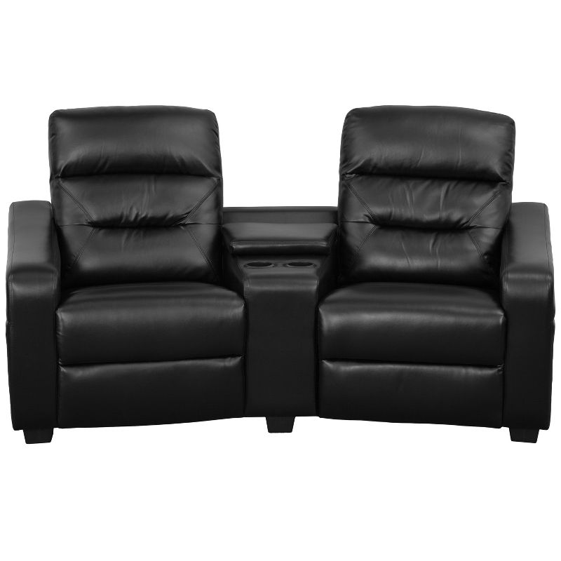 Flash Furniture Futura Series 2-Seat Reclining Black LeatherSoft Tufted Bustle Back Theater Seating Unit with Cup Holders, 3 of 4