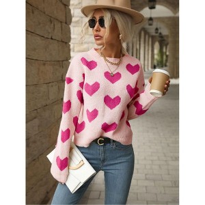 Coolmee Women's Cute Heart Sweater Love Print Valentine Romantic Knitted Top Casual Crewneck Long Sleeve Sweaters Pullover - 1 of 4