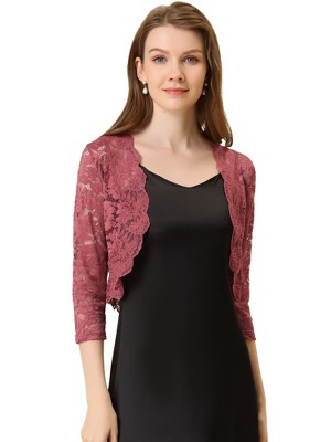 INSPIRE CHIC Women's Elegant 3/4 Sleeve Sheer Floral Lace Open Front Crop Shrug